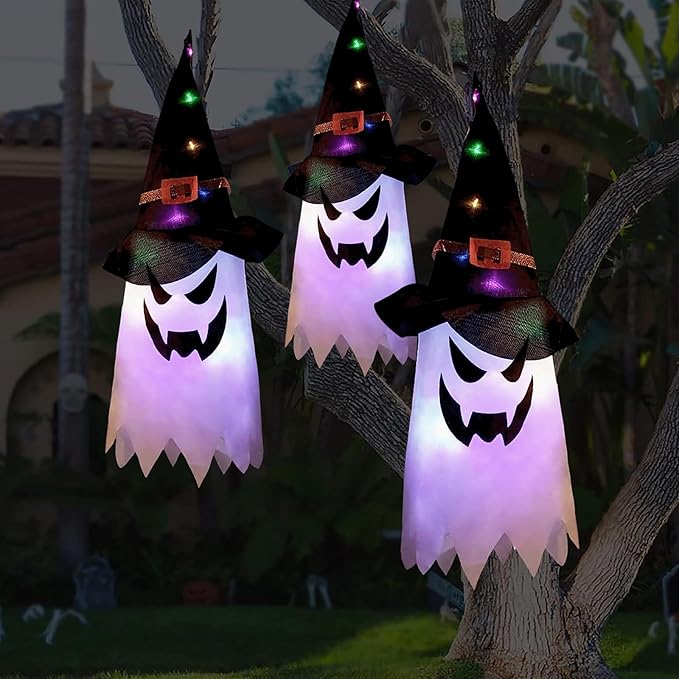 Halloween Decorations Outdoor 3Pcs Large Size Hanging Lighted Glowing Ghost Witch Hat Decor with Lights String for Party Indoor Outside Ornaments and Yard Tree Garden