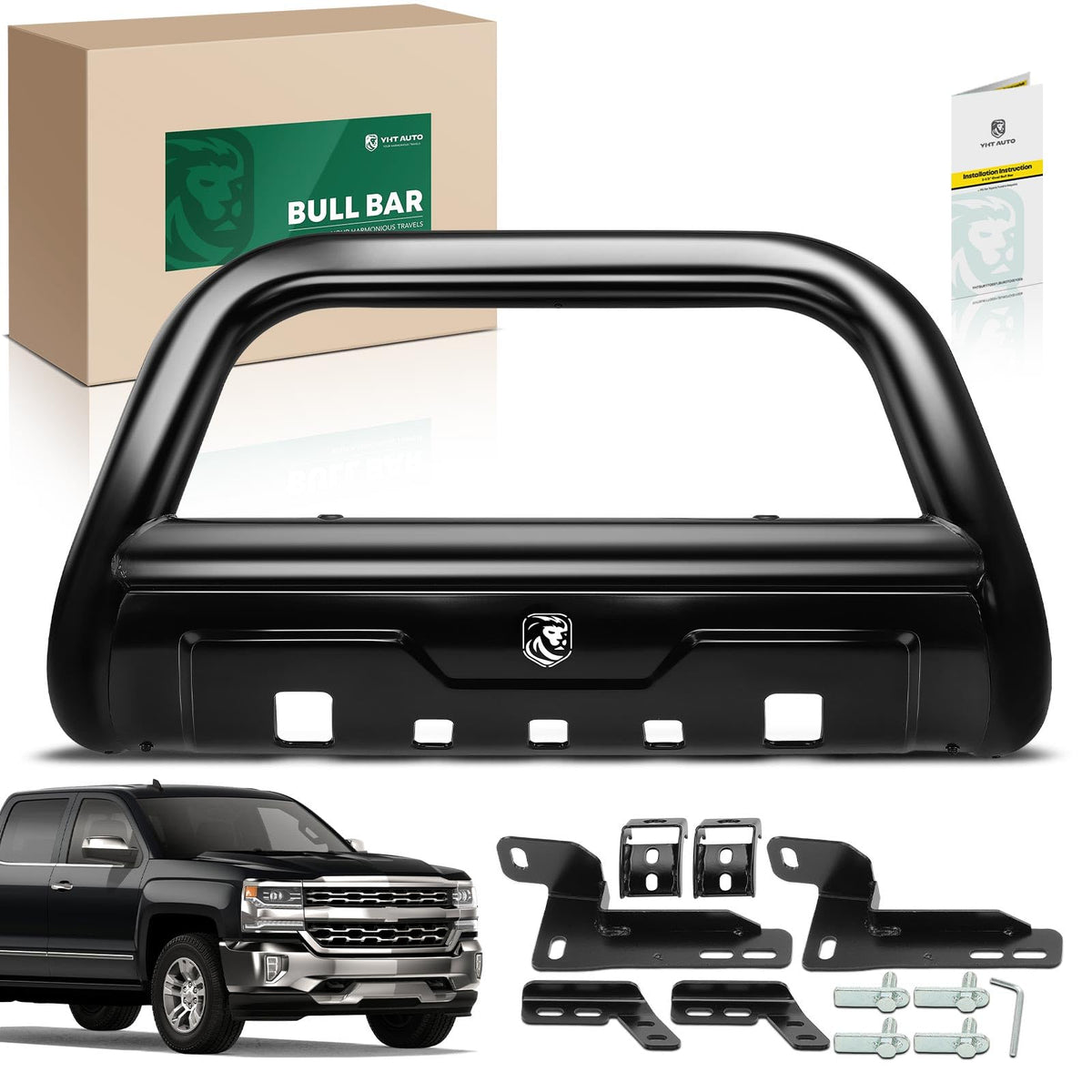 YHTAUTO 3.5 Bull Bar Push Bar w/Skid Plate Light Mount Fit Chevy & GMC Models, Silverado 2500 3500 11-18, Silverado/Sierra 2500