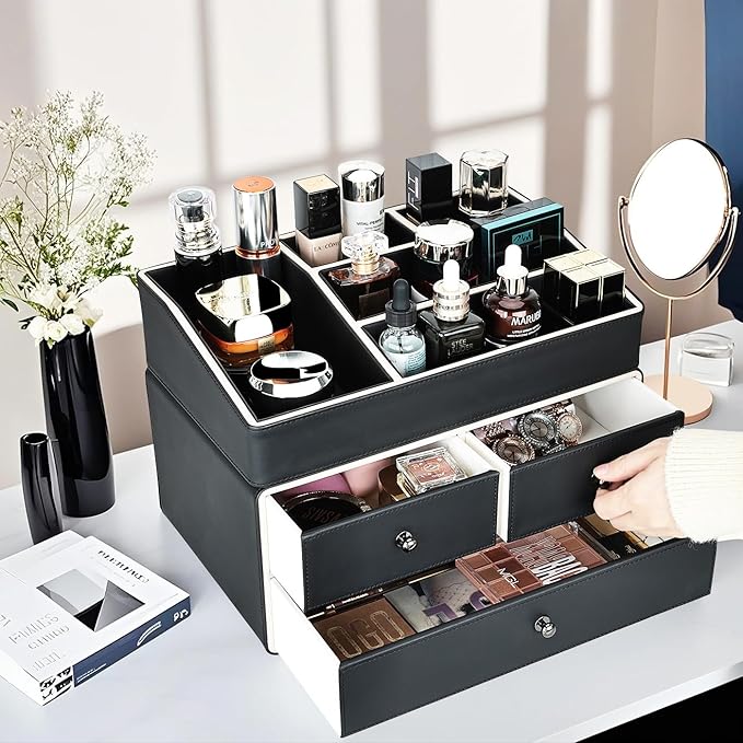 KINGFOM 2 Tier PU Leather Makeup Organizer with 3 Drawers, Cosmetic Storage Organizers for vanity Dresser Countertop and Bathroom Vanity, Beauty Holder for Lipstick Brush Skincare (Black)