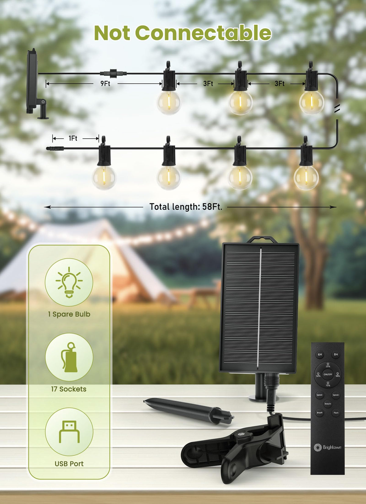 Brightown 58FT Solar String Lights Outdoor, IP65 Waterproof, Remote, Timer