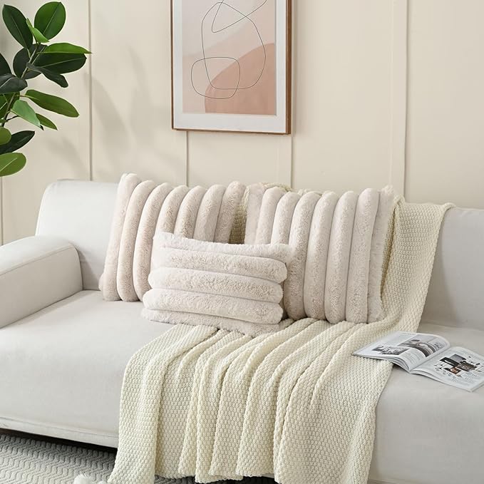 FUTEI Beige Decorative Throw Pillow Covers 24x24 Inch Set of 2, Square Soft Faux Rabbit Fur Thick Striped European Cushion Covers,Winter Home Decor for Couch Bed Living Room