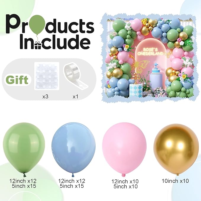 Pink and Green Balloon Arch Garland Kit, Sage Green and Pastel Pink Blue Metallic Gold Balloons, Woodland Balloons for Girls Baby Shower Floral Wonderland Spring Garden Tea Birthday Party Decorations