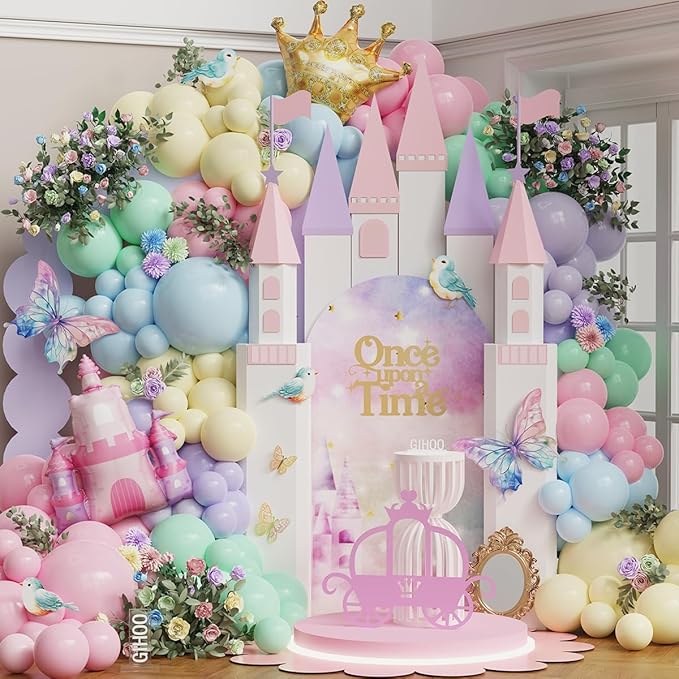 Princess Birthday Party Decorations 150Pcs Pastel Macaron Balloon Arch Garland Kit with Crown and Castle Foil Balloon for Princess Theme Birthday Party Decorations