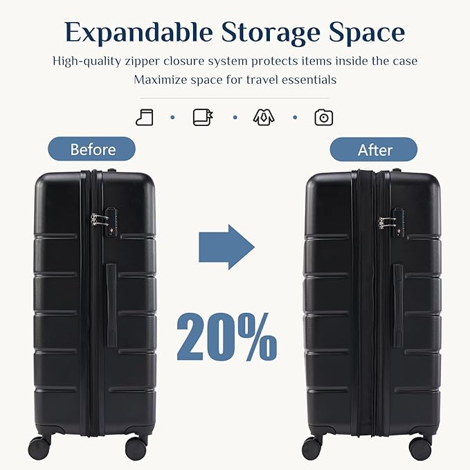 NEWBULIG 24 Inch Carry on Luggage, Lightweight Expandable Rolling Suit Case with TSA Lock, Hard Shell ABS Suitcase with Double Spinner Wheels, Black
