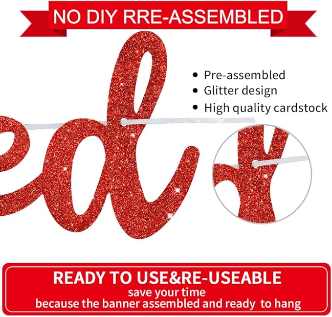 BEISHIDA Red Just Married Banner - NO DIY, Glitter Wedding Party Banner,Just Married Signs, Bachelorette/Bridal Garland,Engagement Party Decor Supplies, Wedding Reception Party Decorations.