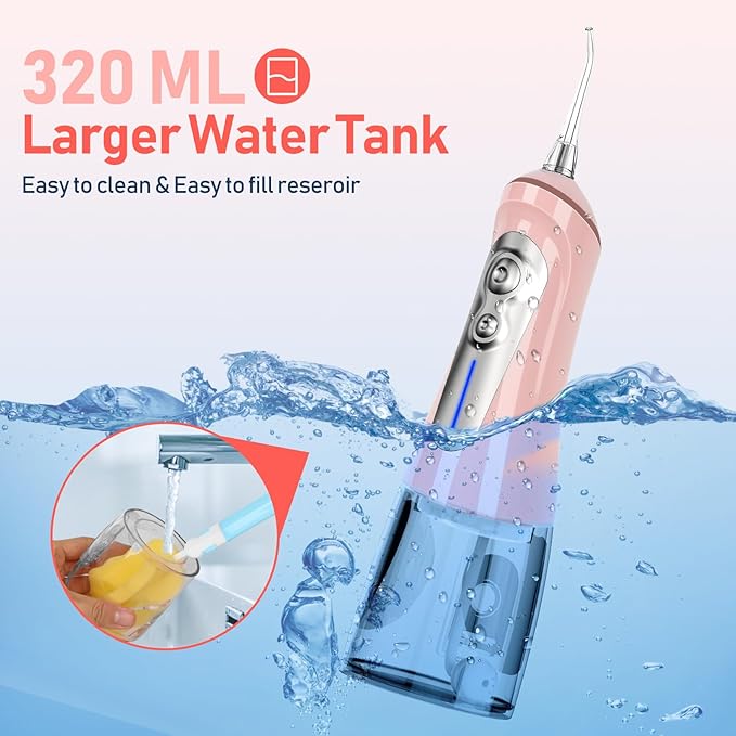 NBGRLVS Water Dental Picks for Teeth Cleaning,6 Modes 6 Tips and Storage Case Water Dental Flossers Cordless 320ML IPX 7 Waterproof Rechargeable Portable Electric Dental flosser for Trave Home (Pink)