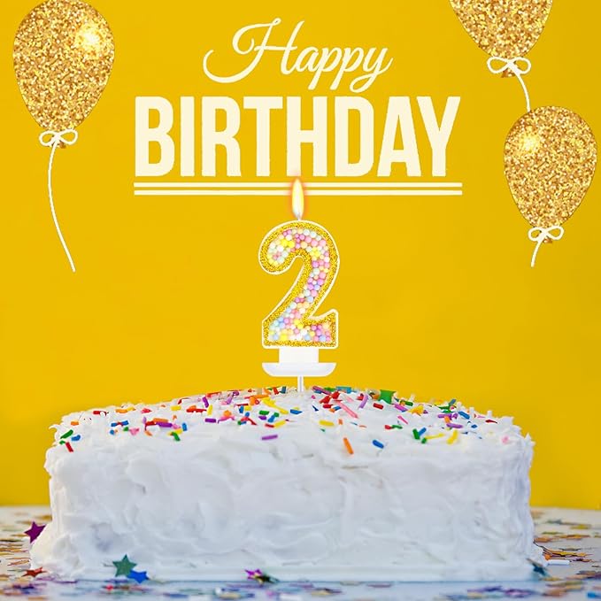 2nd Birthday Candle for Cake, Colorful Macaron Numeral Candles for Boys/Girls, Birthday Party Cake Decorations, Golden Cake Topper for Birthday Party Supplies (Number 2)