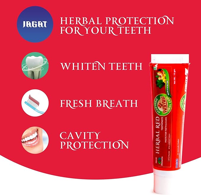 Jagat Herbal Red Toothpaste for Fresh Breathe, Doctor Recommended Natural Ayurvedic Toothpaste, Organic 100% Natural Teeth Whitening, Fluoride Free & Protects Gums, Vegan - Pack of 2