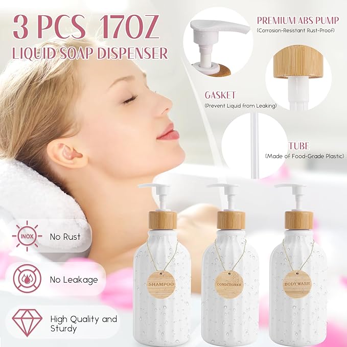 32PCS White Bathroom Accessories Set with Shower Curtain,Bath Towel,Trash Can,3PCS Lotion Soap Dispenser,Toothbrush Holder,Soap Dish,Tumbler Cup,6PCS Wood Tags Bath Accessories with Tray