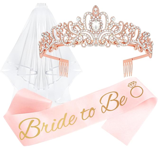 CIEHER Bachelorette Party Favors - White Veil, Bride to Be Sash & Crystal Crown for Bridal Shower Decoraions Wedding Party Gifts - Satin Sash