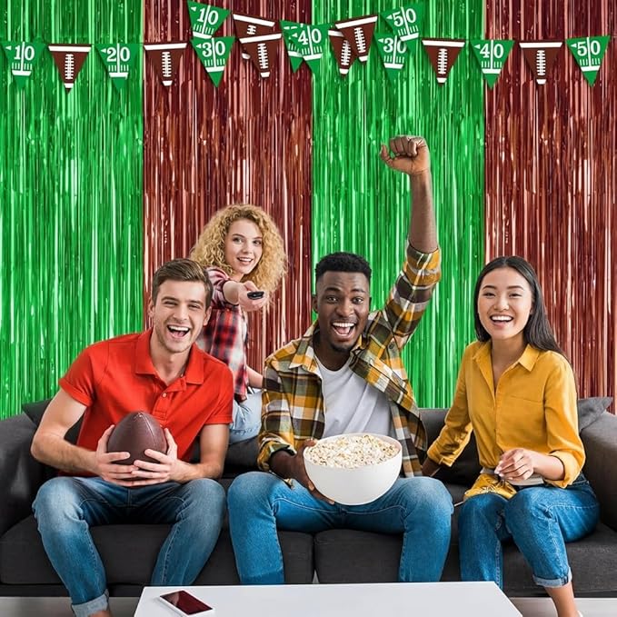 2Pack Football Party Decorations, 3.3 FT x 6.6 FT Tinsel Backdrop, Brown Green Foil Fringe Curtains Metallic Party Streamer, Football Game Day Decors 2026 Party Supplies Photo Booth Birthday Decors