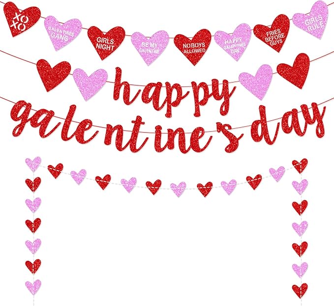 Deneo Happy Galentine's Day Banner, Red Glittery Galentine’s Day Decorations with Heart Garland Banner, Ladies Girls Happy Valentine’s Day Party Decorations Photo Prop