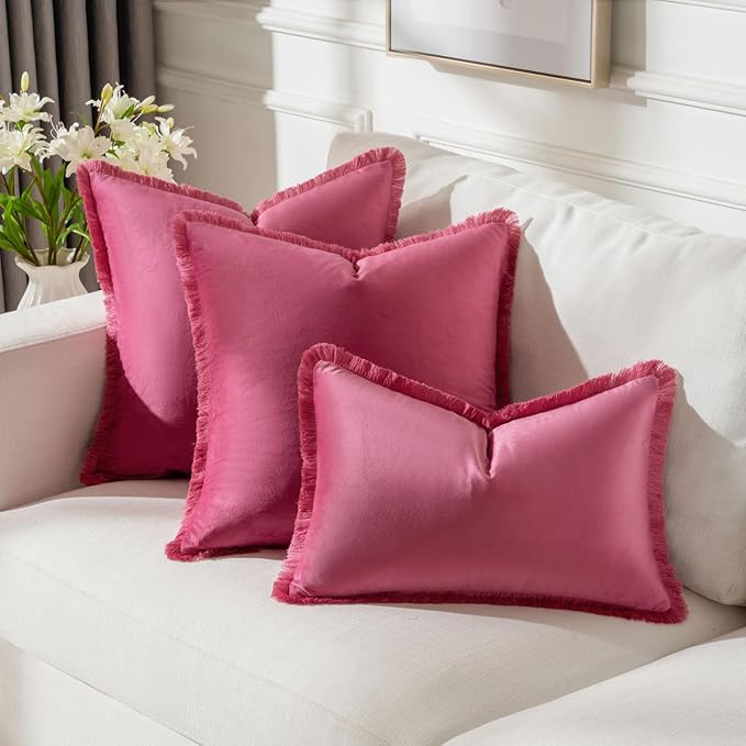 FUTEI Hot Pink Velvet Decorative Throw Pillow Covers 20x20 Set of 2,Soft Cozy Edge with Tassels Cushion Case,Boho Modern Home Decor for Couch Bed Living Room