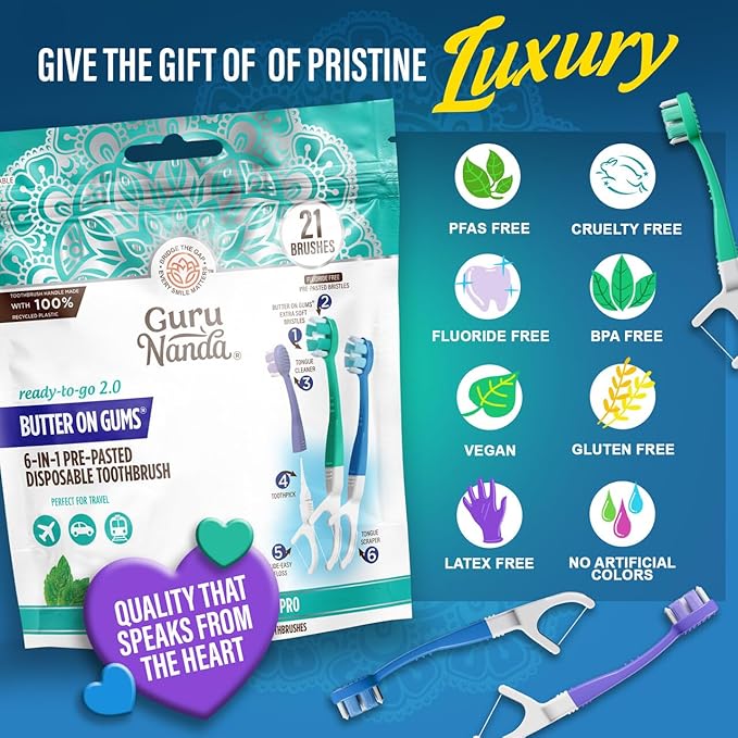 GuruNanda 6-in-1 Ready-to-Go Disposable Toothbrush, Pre-Pasted Butter on Gums Softex Bristles, Floss & Toothpick, Tongue & Cheek Cleaner, Individually Wrapped & TSA Friendly, 21 Ct