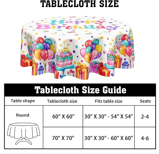 Happy Birthday Round Tablecloth 70 Inch Colorful Gift Birthday Hat Pattern Circle Table Cloth Holiday Table Cover Washable Polyester Decorations for Home Kitchen Dinning Party