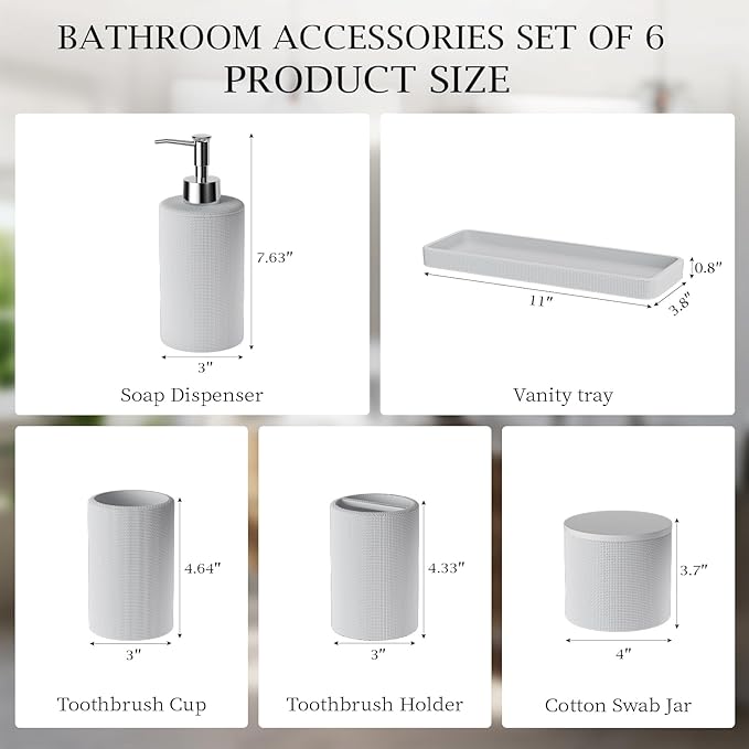 6-Piece White Bathroom Set - Mesh Textured Resin Bathroom Accessories Set with Soap Dispenser, Toothbrush Holder, Cup, Vanity Tray & Apothecary Jars for Small Spaces