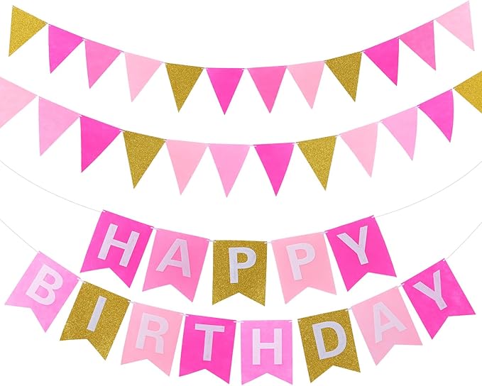 Irenare 4 Pieces Happy Birthday Banner Colorful Birthday Party Decor Rainbow Felt Garland Banner Party Decorations Supplies(Gradient Pink and Gold)