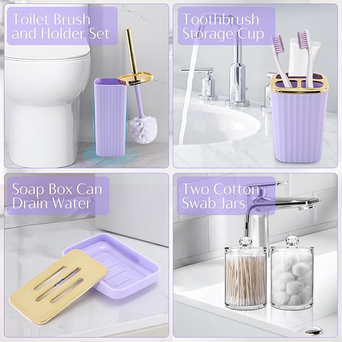 17PCS Bathroom Accessory Set Bathroom Set Purple Bathroom Accessories,Toilet Brush, Trash Can, Qtip Holder Dispenser& 3PCS Soap Dispenser