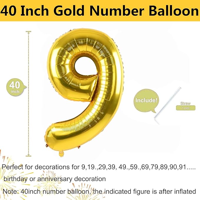 40 inch Gold Number Balloon Giant Foil Helium Balloons Gold Number 9 Balloon for 9th Birthday Party Anniversary Decorations Supplies