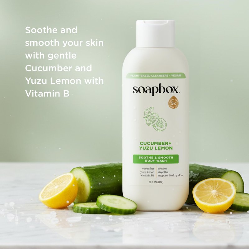Soapbox Moisturizing Body Wash, Cucumber & Yuzu Lemon Shower Gel - Hydrating Natural Body Wash with Shea Butter - Clean Ingredients Free of Harsh Chemicals, Sulfates, Parabens & Silicones - 3 Pack