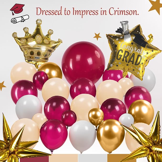 Burgundy White Gold Graduation Balloon Garland Arch Kit 126PCS with foil Star Crown graduation Cap balloons for School students graduate class of 2026 Prom Party decorations