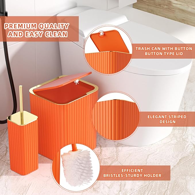 Bathroom Accessories Set - Gorgeous Bathroom Set, 10PC Orange Bathroom Accessory Set, Orange Bathroom Sets, Toilet Brush, Trash Can & Soap Dispenser