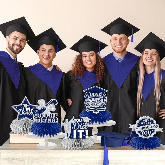 12pcs Graduation Table Decorations,Silver and Navy Blue Graduation Decorations 2026 Graduation Centerpieces for Tables,Class of 2026 Centerpieces Honeycomb for Congrats Grad Table Decor (Navy Blue)