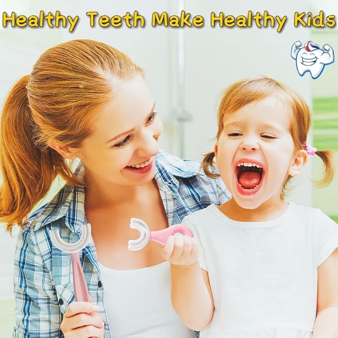 YOTEE U-Shaped Toothbrush Kids 2 PCS - Toddler Toothbrush with Food Grade Soft Silicone Brush Head, Manual Whole Mouth Tooth Brush for Kids Age 6-12(Blue+Pink)