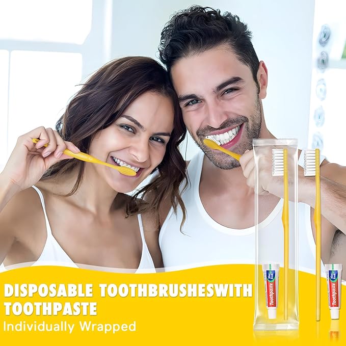 HOFASON Disposable Toothbrushes with Toothpaste Pack of 300, Yellow Hollow Travel Toothbrush Set with 5g Bulk Toothpaste Individually Wrapped for Homeless, Nursing Home, Shelter, Hotel