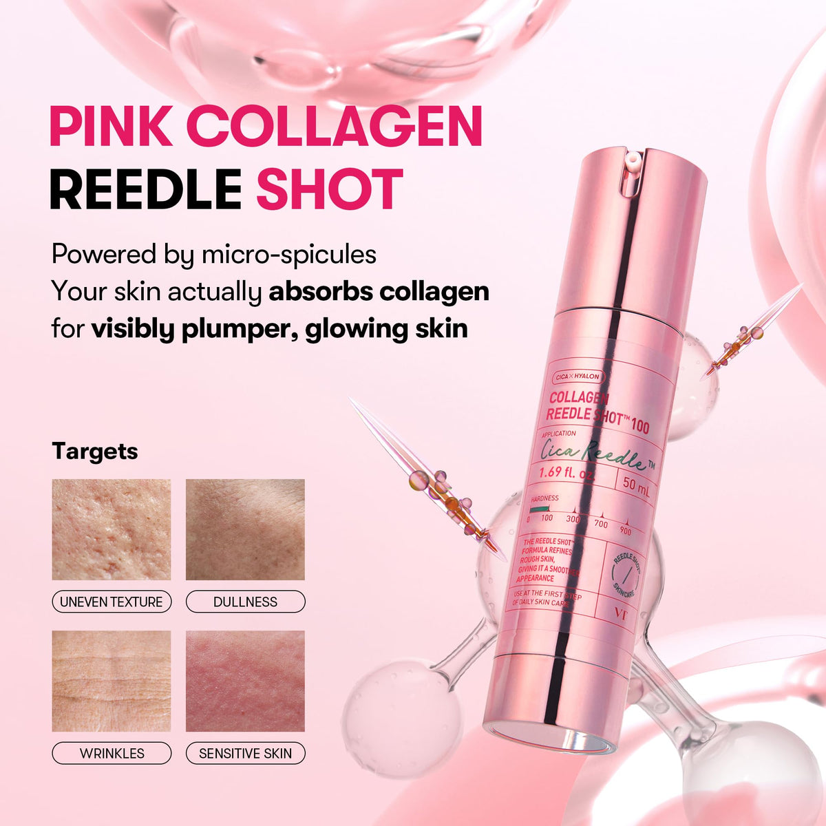 VT COSMETICS Collagen Reedle Shot 100 Serum, Pink Skin Booster for Plumping, Firming & Glowing Skin, 500Da Low Molecular Extract, Spicule Microneedle Treatment, K-Beauty Face Serum, 1.69 fl oz (50ml)