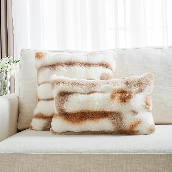 FUTEI Brown White Decorative Throw Pillow Covers 18x18 Inch Set of 2,Soft Fuzzy Faux Rabbit Fur Cushion Covers with Raised Texture,Neutral Boho Home Decor for Couch Bed Living Room
