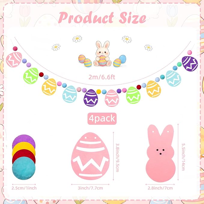 4 Pack Easter Bunny Eggs Pom Pom Garlands Decoration, Colorful Felt Rabbit Hanging Banner Decor Garland Ornaments for Easter Day Home Decor Outdoor Party Hanging Supplies