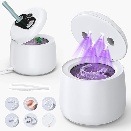 Ultrasonic Retainer Cleaner Machine: Dental Cleaning Pod for Dentures, Mouth Guards, Aligners, Night Guards, Braces, Toothbrush Heads & Jewelry, 45kHz Retainer Cleaner with 4 Modes & 200ML Capacity