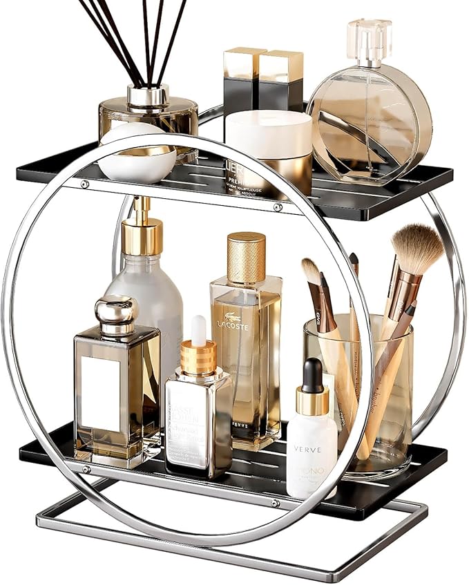 2-Tier Bathroom Organizer Countertop, Silver Black Perfume Organizer for Dresser, Multi-Purpose Makeup Organizer, Large Cosmetic Skincare Organizers, Exquisite Vanity Storage, Ideal for Gift