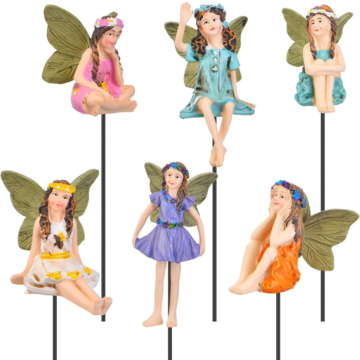 6 Miniature Fairy Figurines for Garden Outdoor, Resin Fairies with Sticks