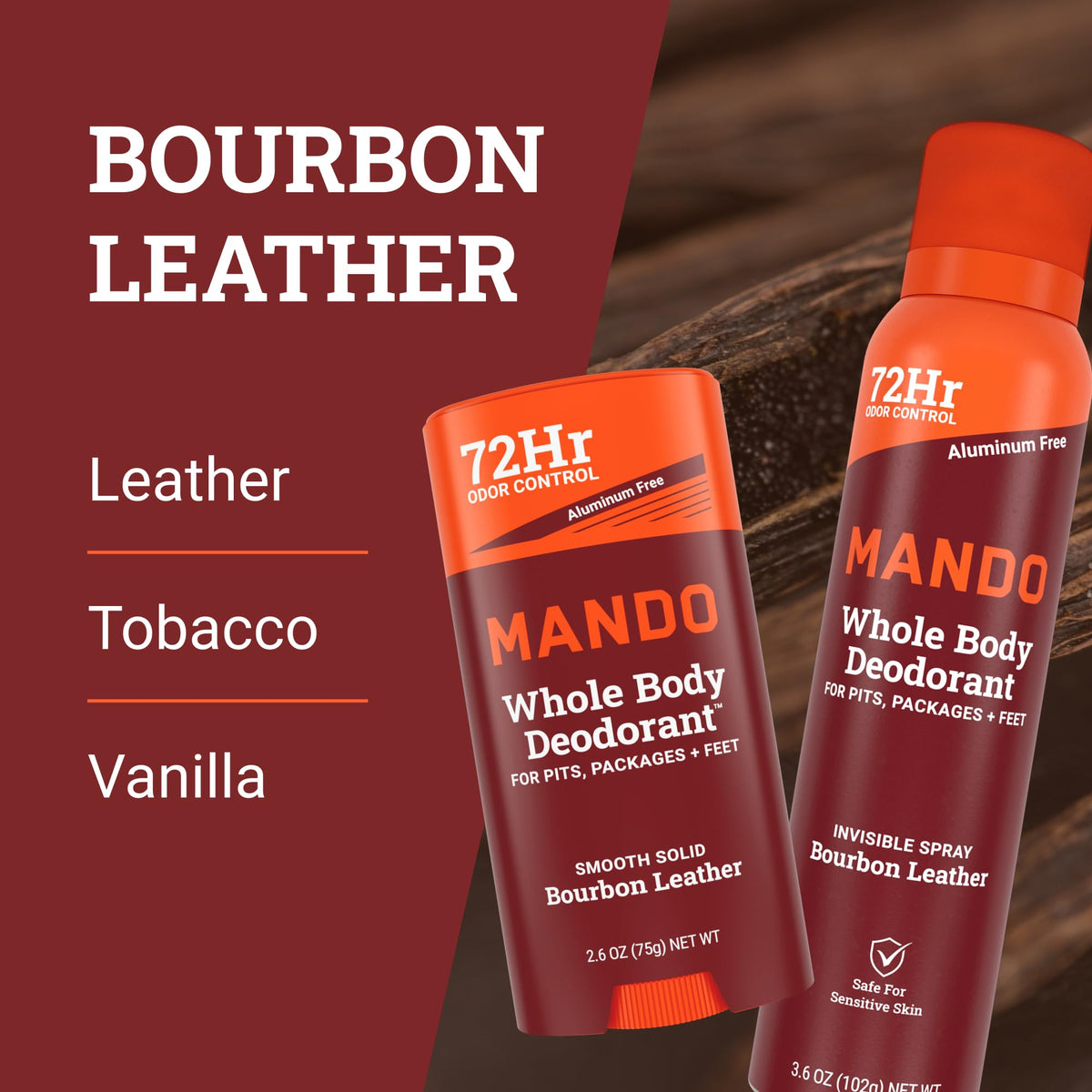 Mando Whole Body Three Piece System - 2.6oz Smooth Solid Stick, 3.6oz Deodorant Spray, 15ct Deodorant Wipes - Aluminum & Baking Soda Free Odor Control - Doctor Developed - 3pc Bundle (Bourbon Leather)