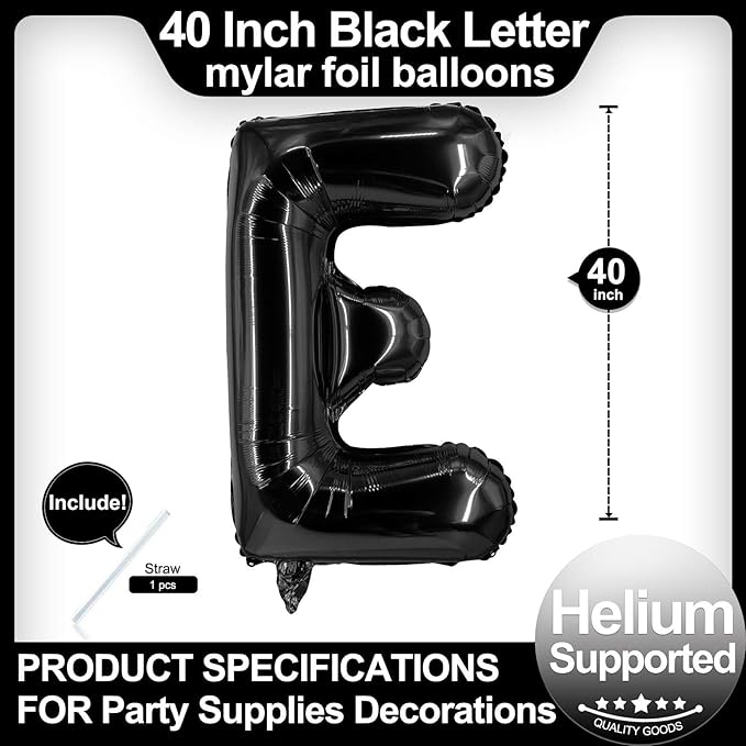 40 Inch Black Letter E Balloons, DIY Phrase Foil Alphabet Letter E Balloons DIY Word E Banner for Birthday Anniversary Celebration Graduation Party Supplies Decoration