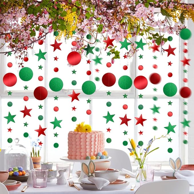 Glitter Star Garlands Decorations, 52 Feet Star Paper Garland Banner, Circle Dot Star Hanging Streamers for Valentine's Day Anniversary Wedding Birthday Ramadan Graduation Party Supplies Decorations