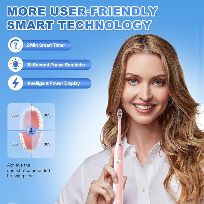 JTF Sonic Electric Toothbrush - with Travel Case and 6 Brush Heads, Fast Charging toothbrushes for 60 Days Long Lasting, 5 Modes Power Toothbrush for Women, Pink