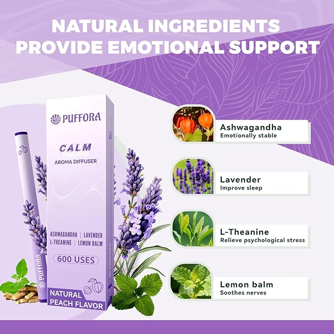 Herbal Diffuser Pen, Plant-Based - Ashwagandha, Lavender, L-Theanine, Lemon Balm, Vitamin B1 & B6, Supports a Calm Mood, Relaxed Feelings, 600 Uses