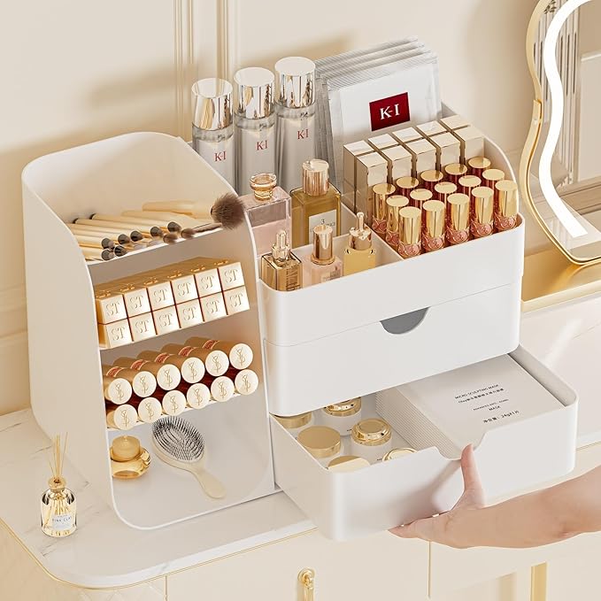 Makeup Organizer with Brush Holder for Vanity,Countertop Makeup Organizer with Drawers,Spacious Cosmetic Display Case,Perfect Storage Solution for Your Beauty Essential (All White, Large)