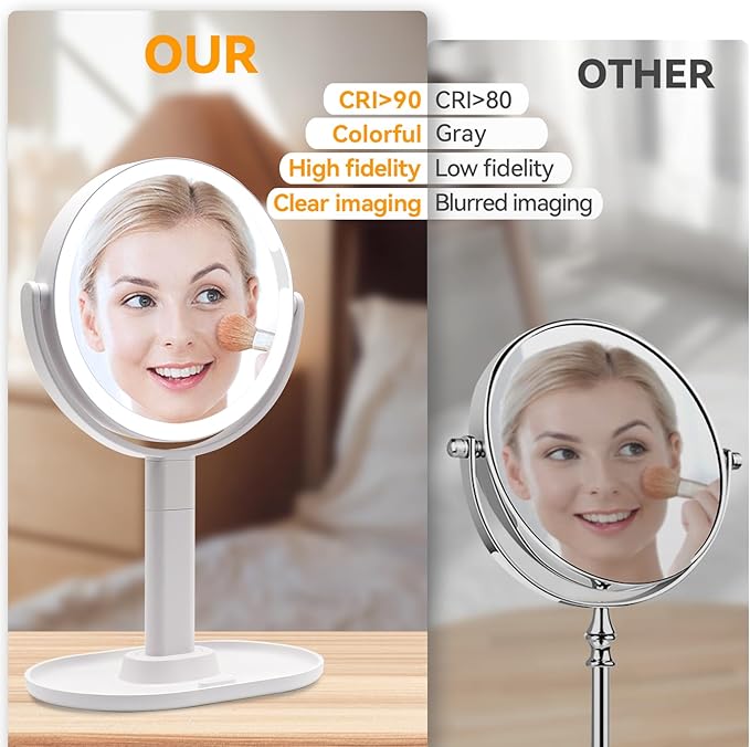 Makeup Mirror with Lights, 10x Magnifying Mirror with Light, 3 Color Lights, Double Side Touch Control, Height Adjustable, Vanity Mirror for Travel, Type-C Fast Charge, Gifts for Women