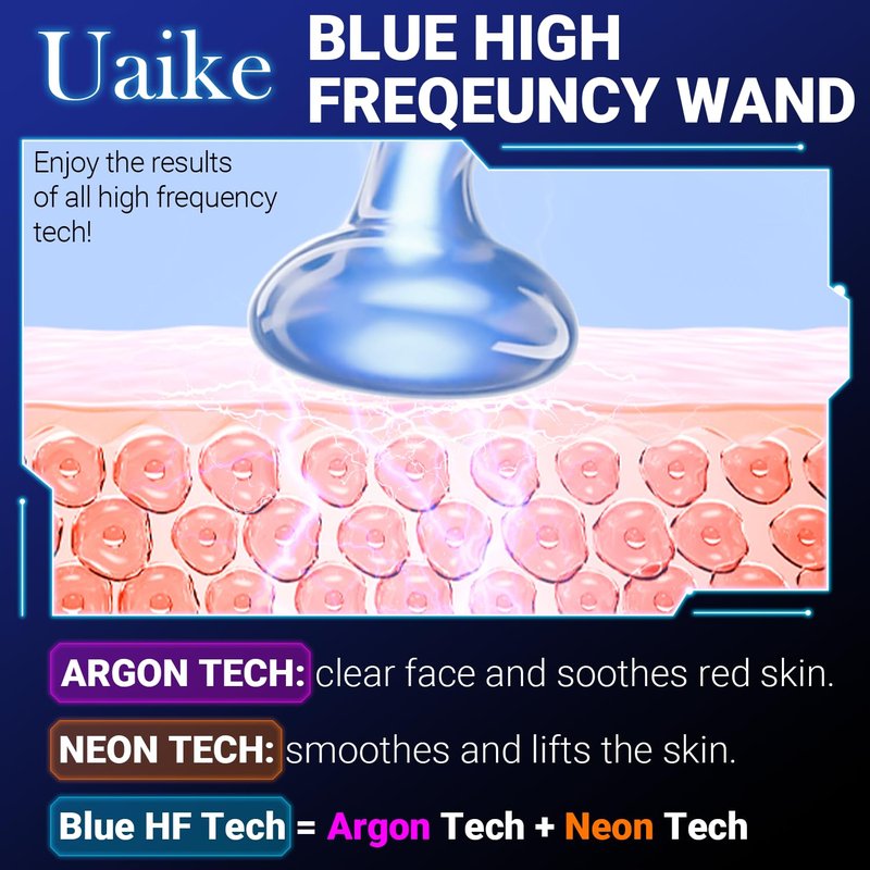 High Frequency Facial Wand - Uaike Portable Handheld Blue High Frequency Skin Facial Machine at Home - Skin Face Wand Device with 4 Different Blue Glass Tubes