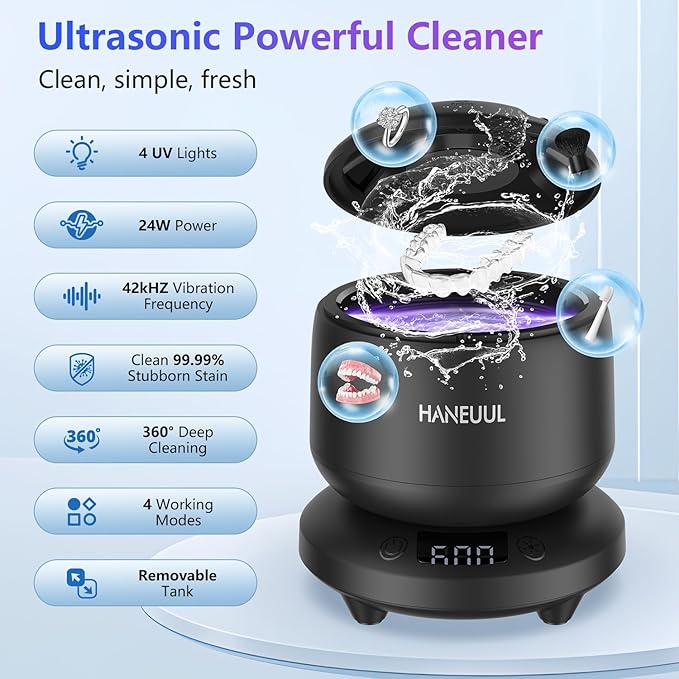 2025 Ultrasonic Retainer Cleaner for Dentures & Aligner, Durable Removable Base and Top Cover, Denture Cleaner Machine with 4 Modes for Mouth Guards, Jewelry, Rings, etc (Black)