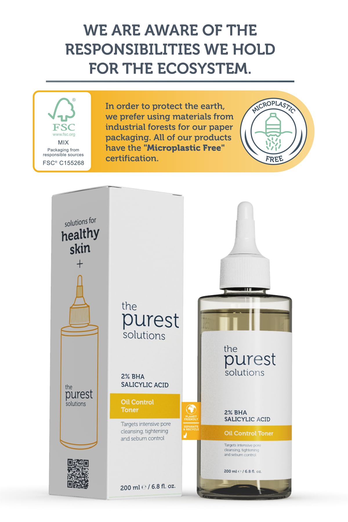 The Purest Solutions Oil Control Toner (2% BHA Salicylic Acid) - Oily, Pore Balancing Toner for Acne & Scarred Skin - Blackhead Targeted Formula - Vegan | Cruelty Free | Eco Friendly (6.76 fl. oz)