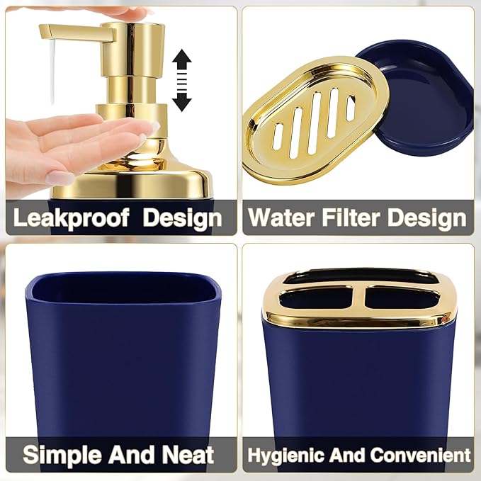 Navy Blue Bathroom Accessories Set 8 Piece Navy Blue and Gold Bathroom Set, Bathroom Sets with Stainless Steel Trash Can,Toilet Brush,Toothbrush Set,Soap Dispenser