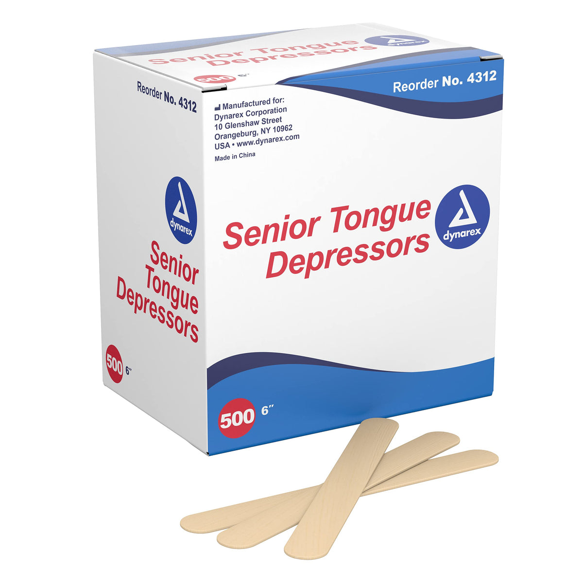 Dynarex Tongue Depressors Wood, Senior 6", Non-Sterile, with Precision Cut and Polished Smooth Edges, for Medical Uses, 1 Box of 500 Tongue Depressors