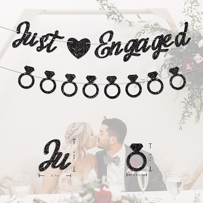 Just Engaged Banner, No DIY, Glitter Black Engagement Party Decorations and Diamond Ring Banner Sign for Bridal Shower Wedding Shower Bachelorette Party Decorations.