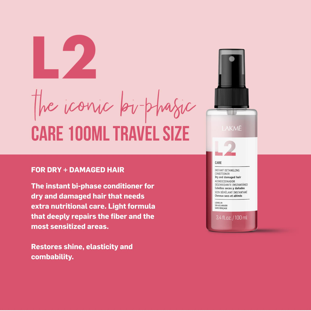 Lakmé Travel Size L2 Care Bi Phase Conditioner, Detangling Spray for Hair, Leave In Conditioner Spray For Dry and Damaged Hair, 3.4 Fl Oz