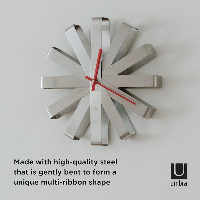 Umbra Ribbon Modern 12-inch Wall Clock, Battery Operated Quartz Movement, Silent Non Ticking Wall Clock, Stainless Steel